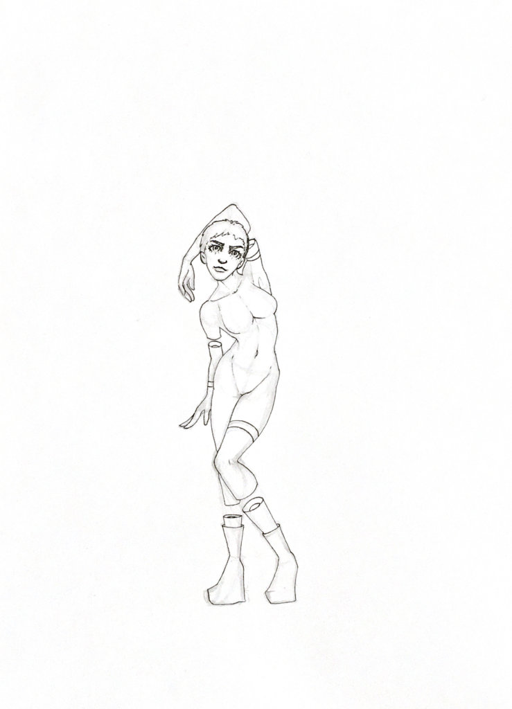 WIP drawing of a nymph-like person with their arm draped over their head