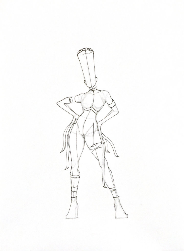 WIP drawing of a person with an elongated head and tentacles for fingers