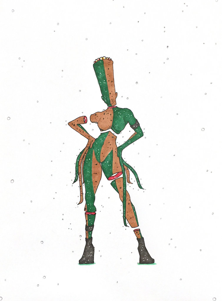 color drawing of a person with an elongated head and tentacles for fingers