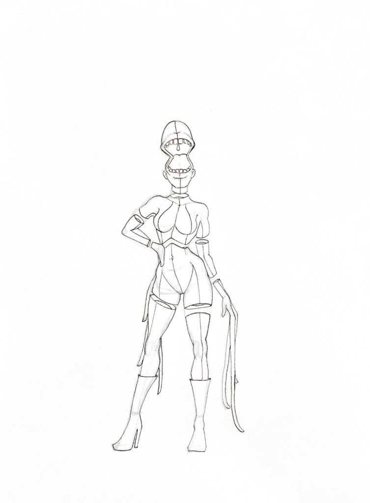WIP drawing of a person with a strange face and mouth with tentacles for fingers