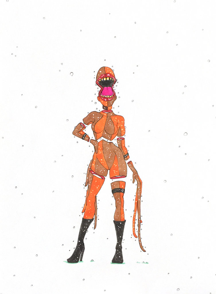 color drawing of a person with a strange face and mouth with tentacles for fingers