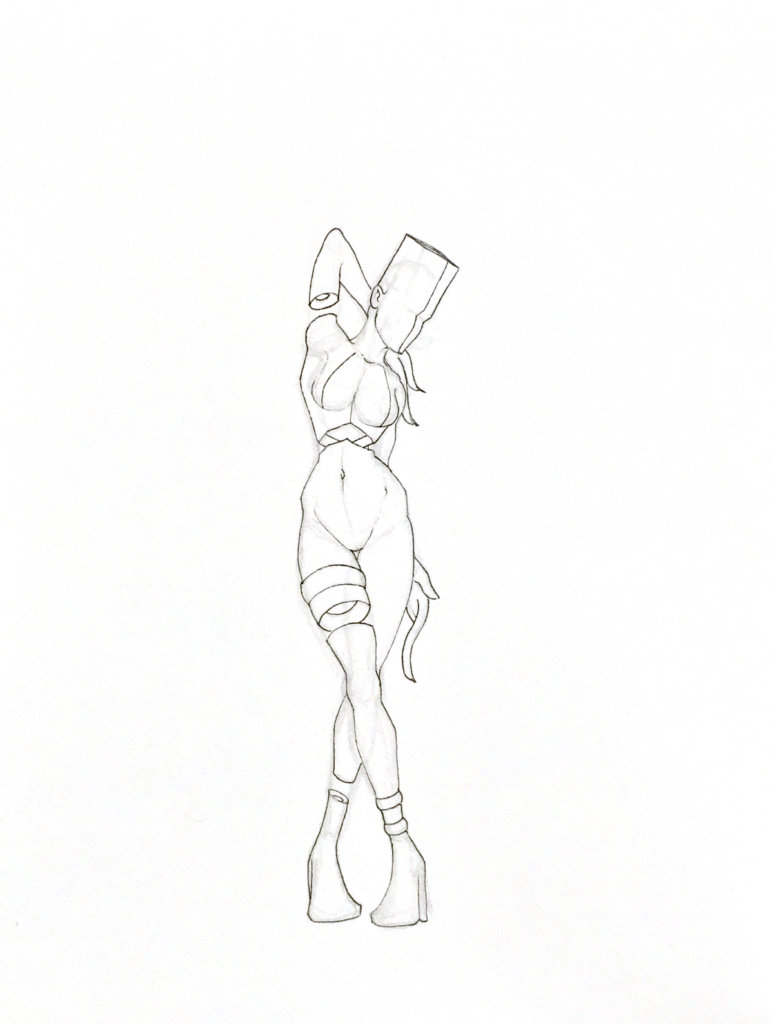 WIP drawing of a perosn with a block head and tentacle fingers