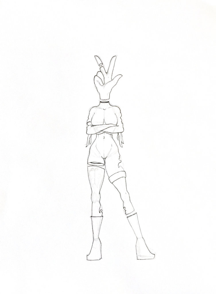 WIP drawing of a person with a peace sign for a head