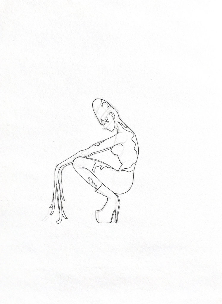 WIP drawing of a cone head alien with tentacle-like fingers