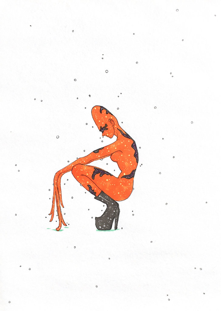 color drawing of a cone head alien with tentacle-like fingers