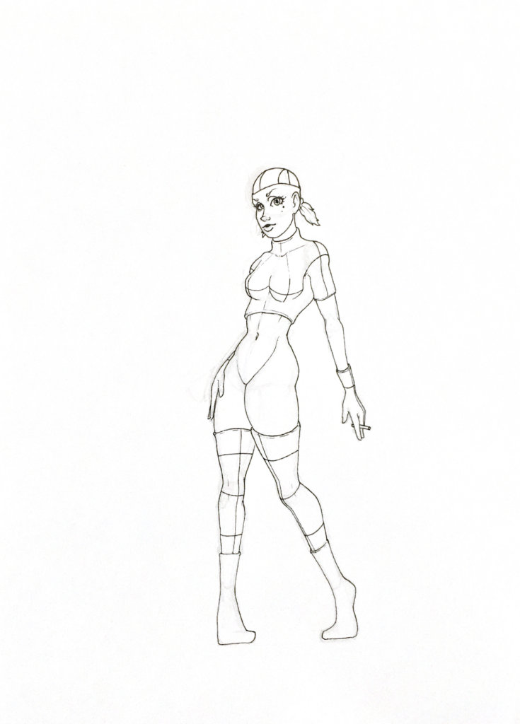 WIP drawing of a fembot with a cigarette