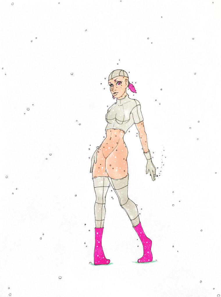 color drawing of a fembot with a cigarette