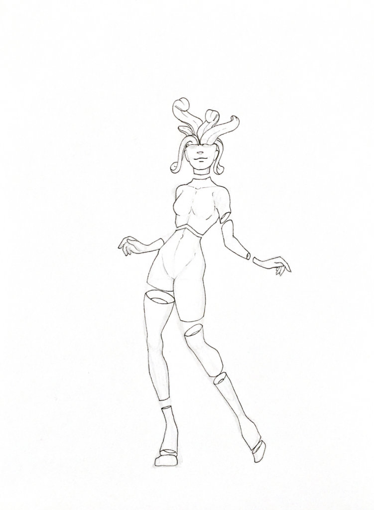 WIP drawing of a dismembered person with tongues sprouting from her skull