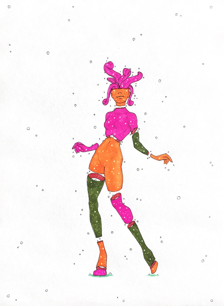 color drawing of a dismembered person with tongues sprouting from her skull