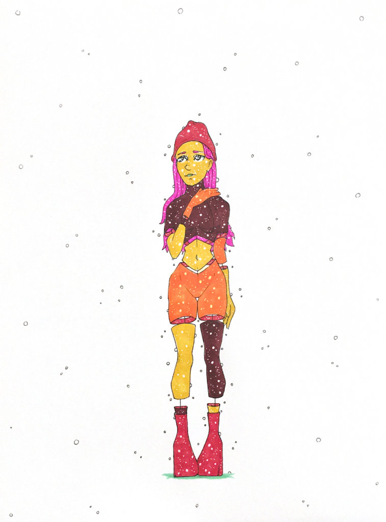 color drawing of a person wearing a beanie