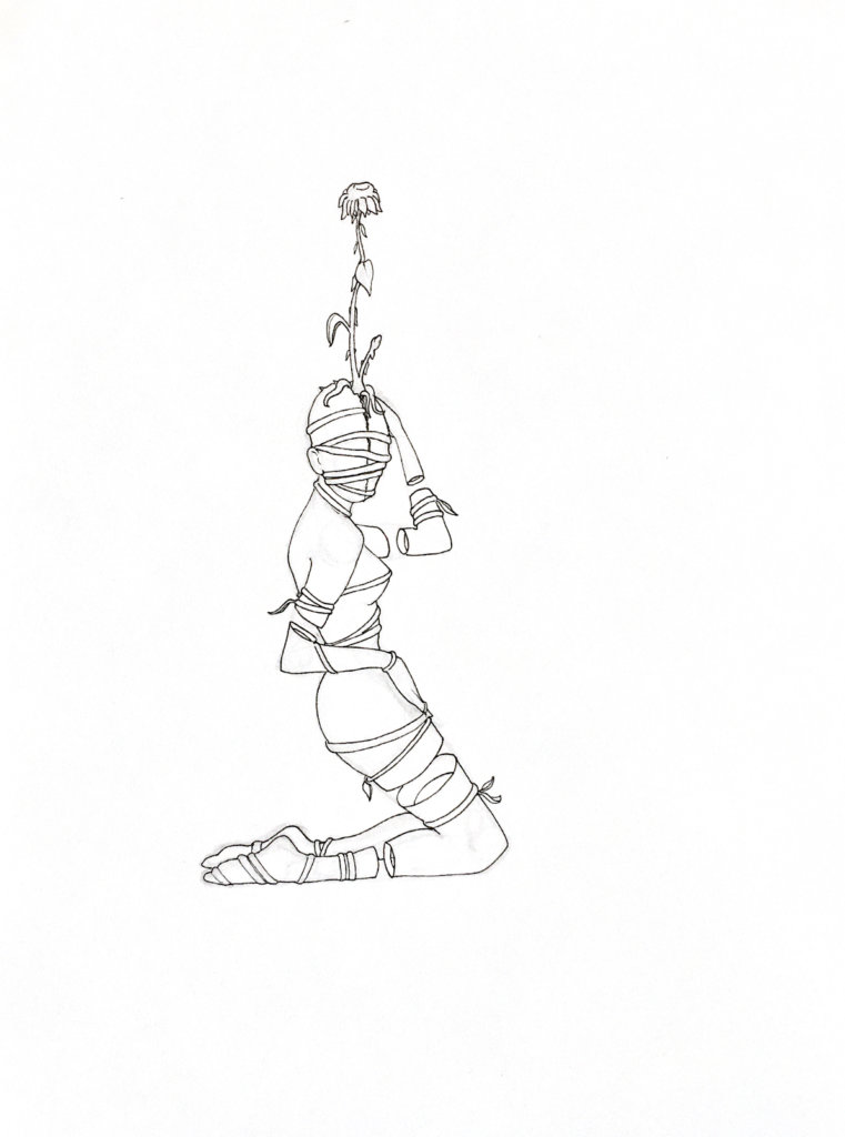 WIP drawing of a person with vines surrounding her body and a sunflower growing from her skull