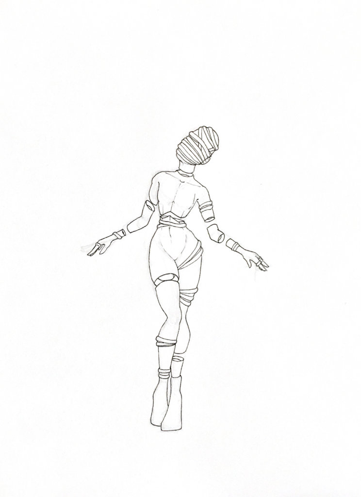 WIP drawing of a person levitating with rope wrapped around her body
