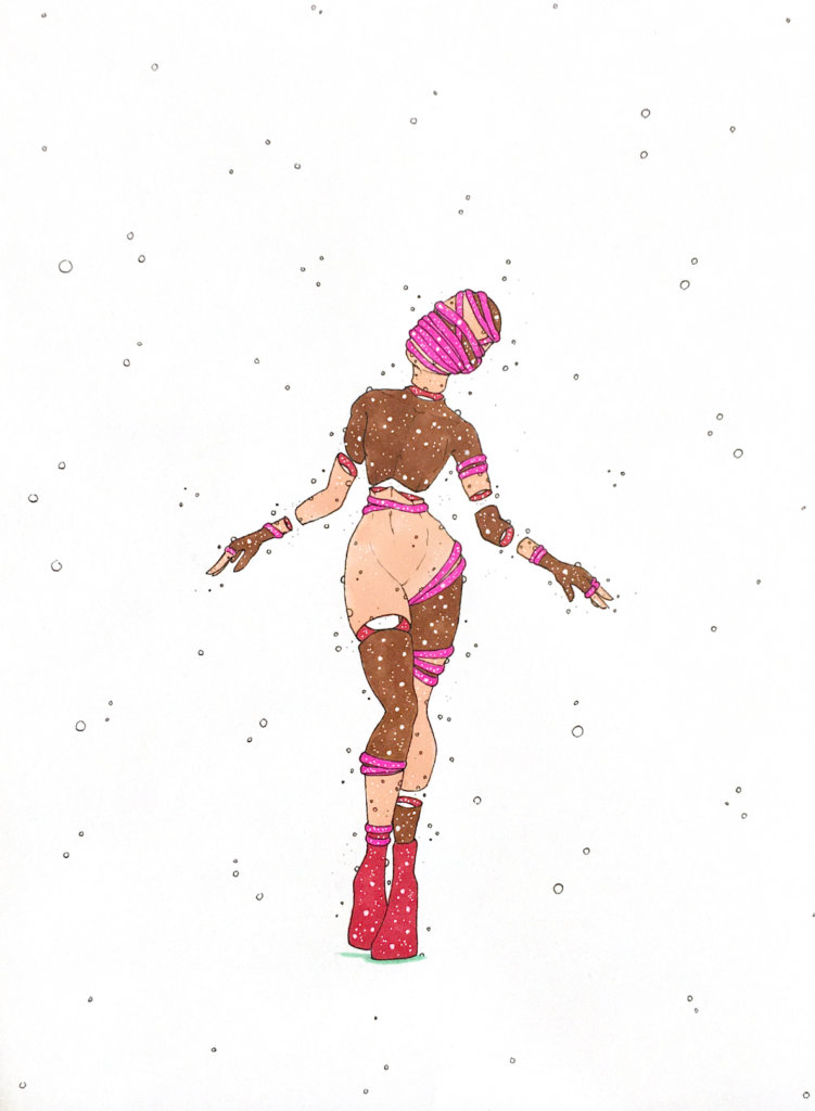 color drawing of a person levitating with rope wrapped around her body