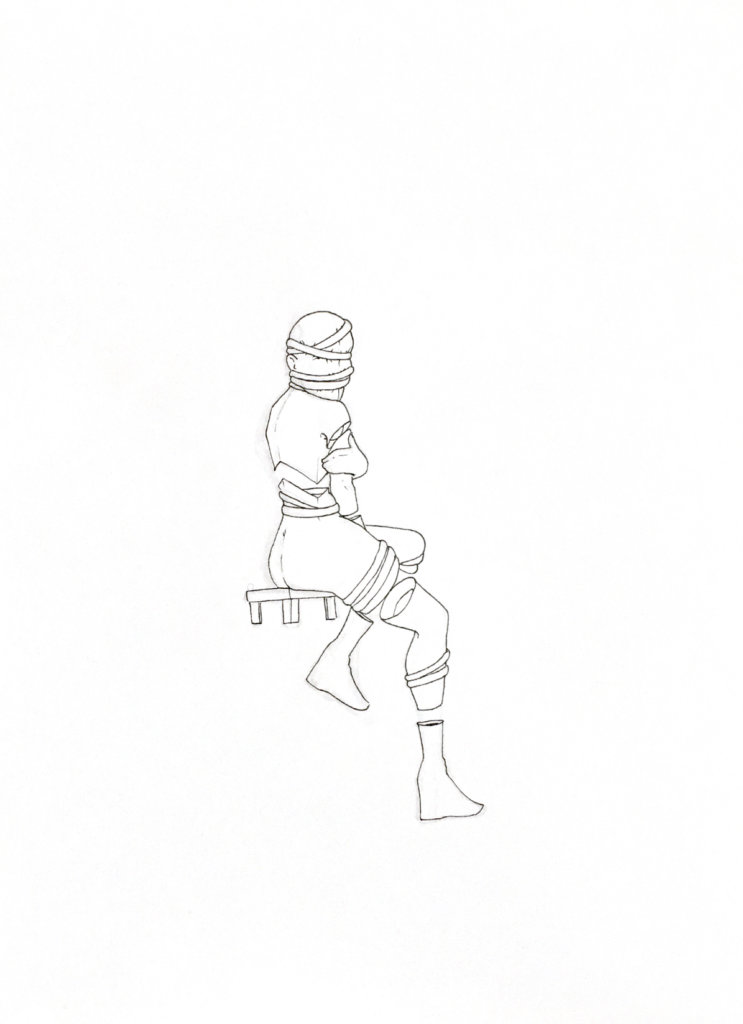 WIP drawing of a person in bondage sitting on a stool