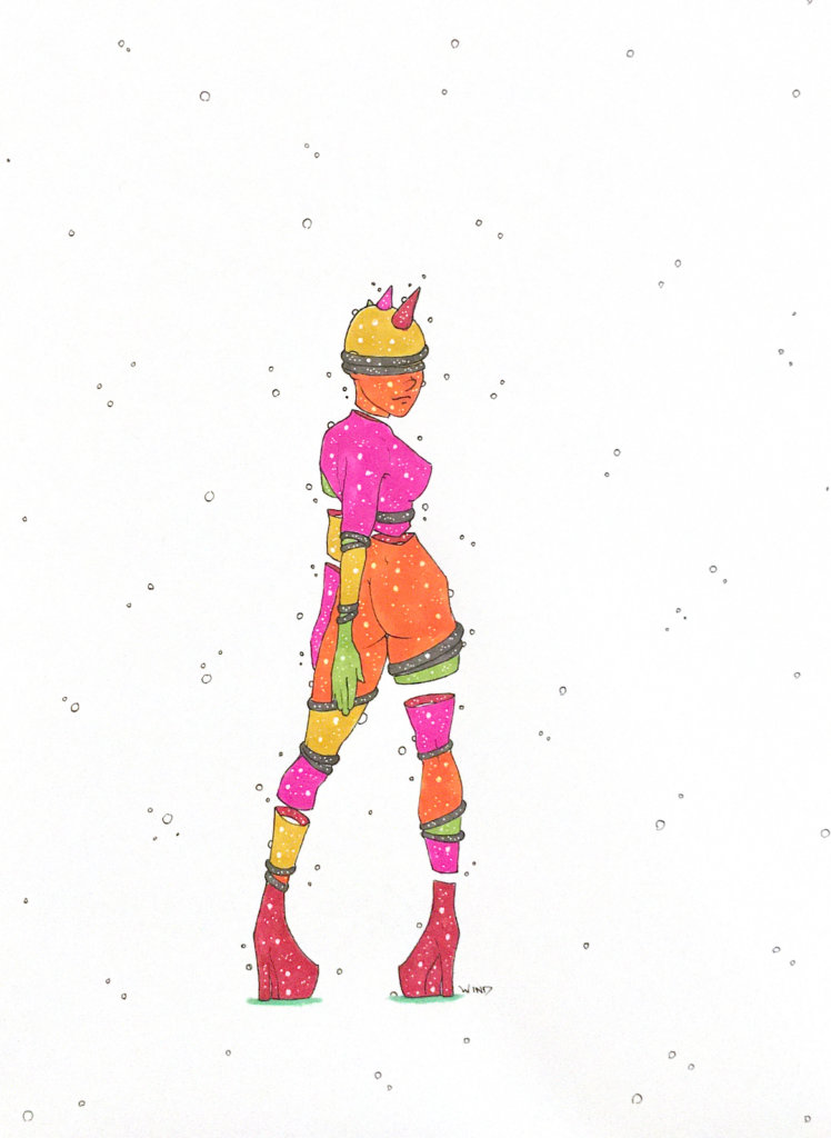 color drawing of a person with cables wrapped around her body with spikes sprouting from her head