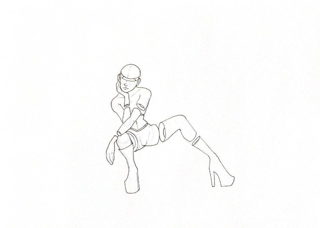 WIP drawing of a person crouched down leaning to one side