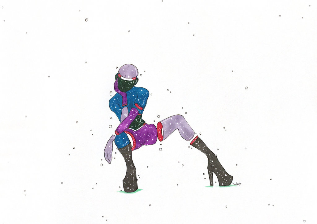 color drawing of a person crouched down leaning to one side