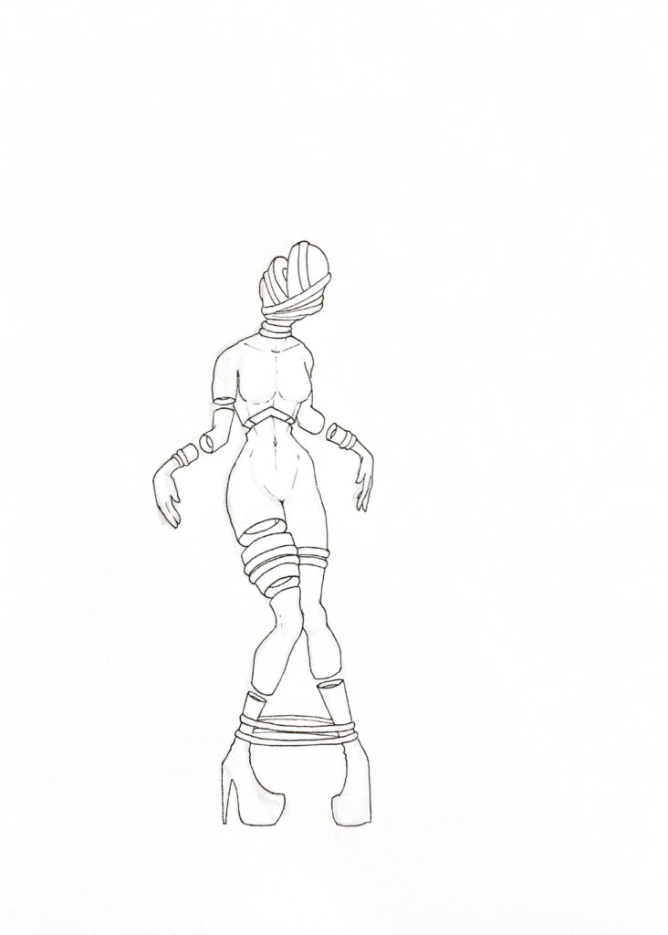 WIP drawing of a person standing with feet pointed inwards, with ropes bound around them