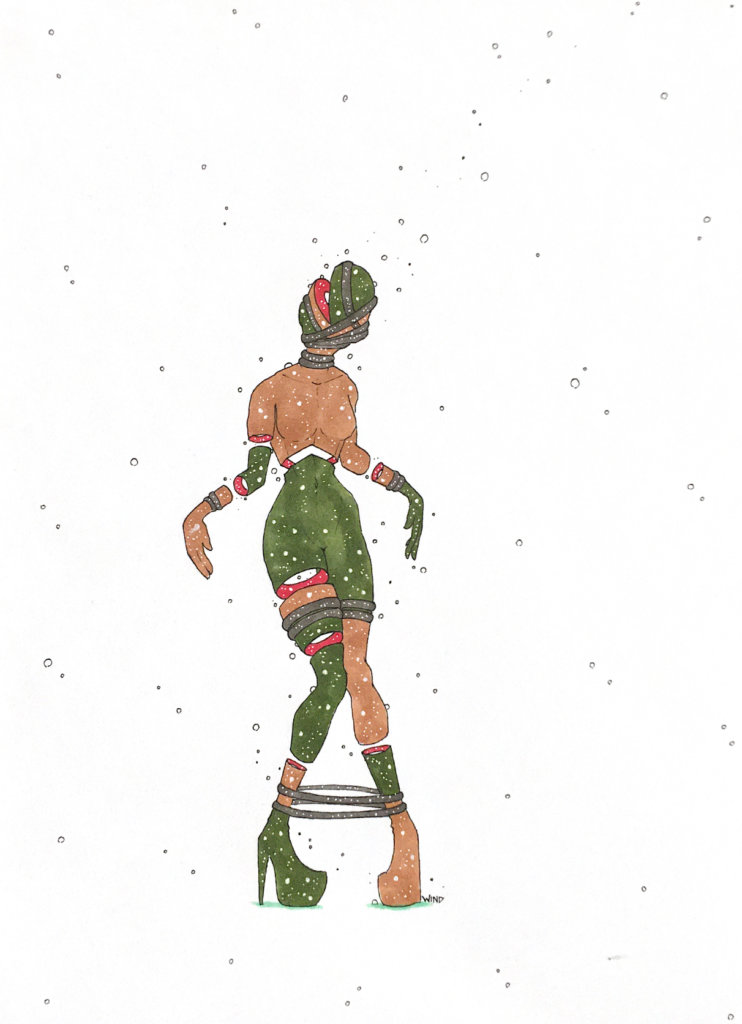 color drawing of a person standing with feet pointed inwards, with ropes bound around them