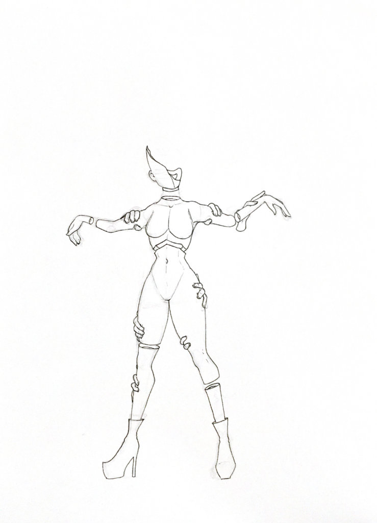 WIP drawing of a person standing upright with hands grabbing their body parts