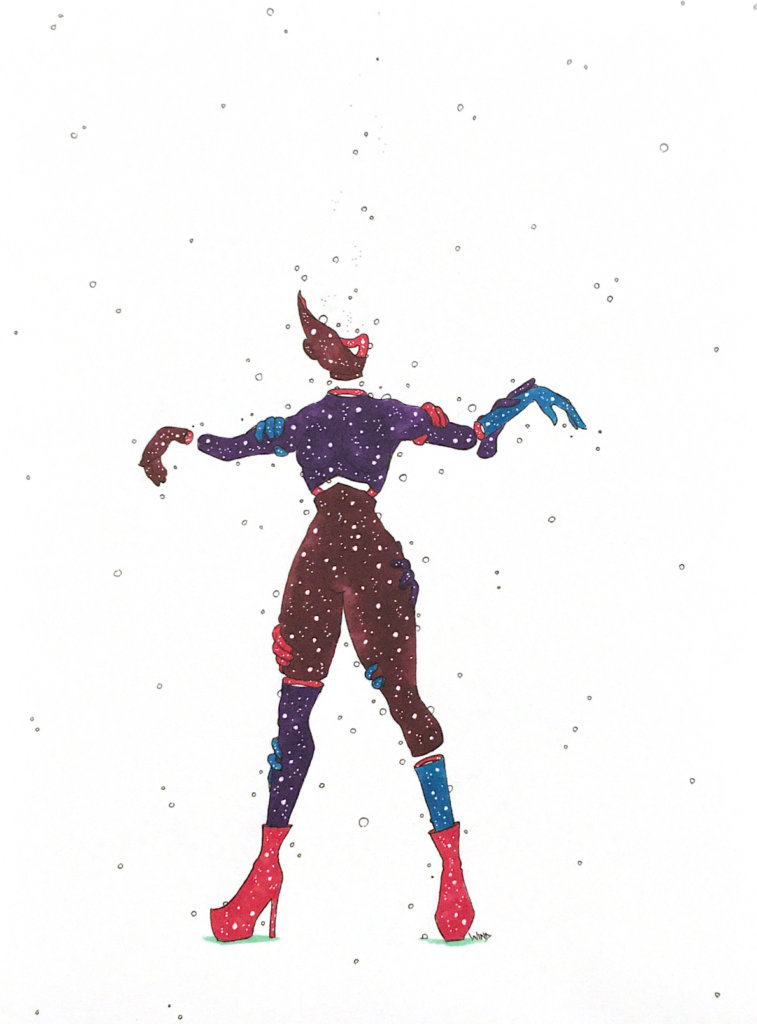 color drawing of a person standing upright with hands grabbing their body parts