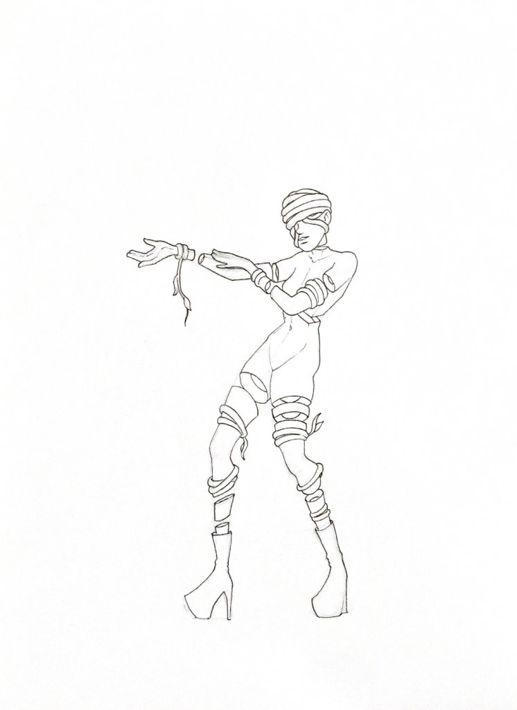 WIP drawing of a person with vines wrapped around their body like bondage