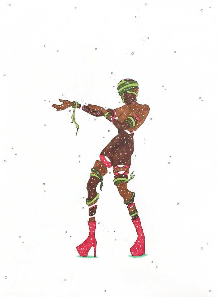 color drawing of a person with vines wrapped around their body like bondage