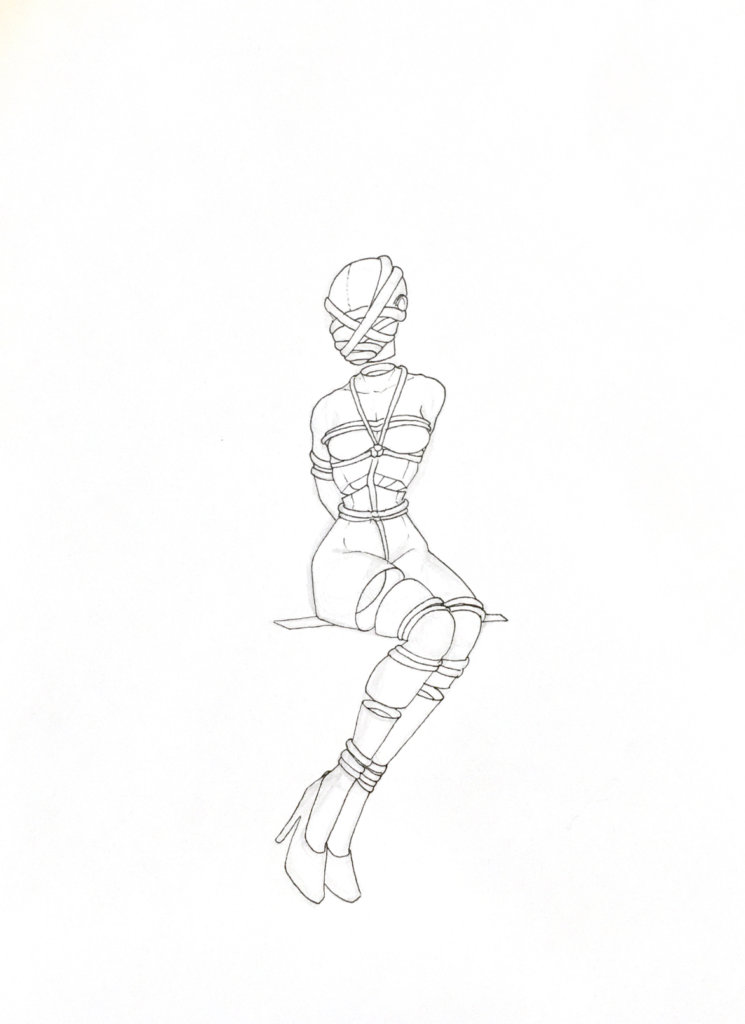 WIP drawing of a seated person with bondage ropes around her limbs