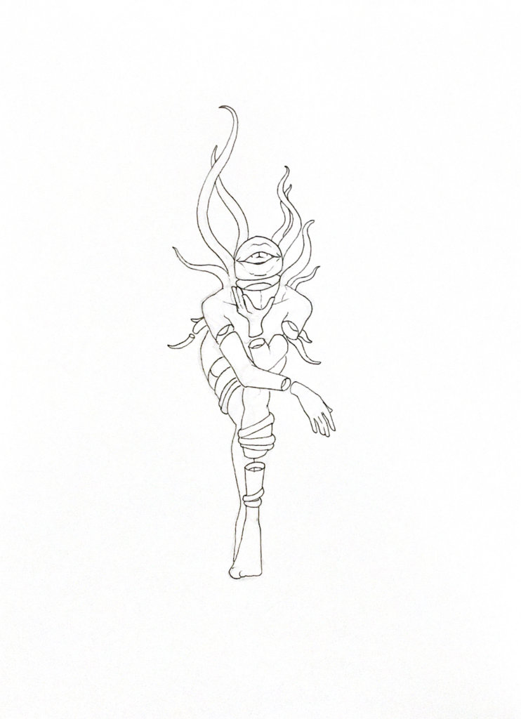 WIP drawing of lip lady with cordyceps spikes sprouting from her spine