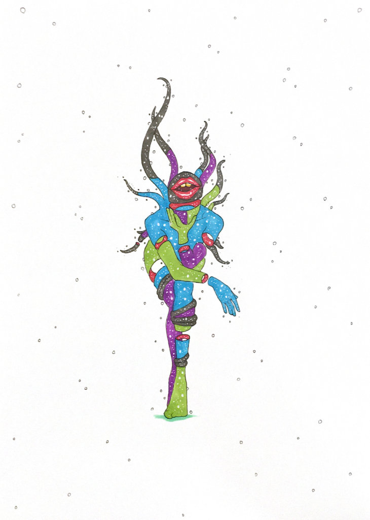 color drawing of lip lady with cordyceps spikes sprouting from her spine