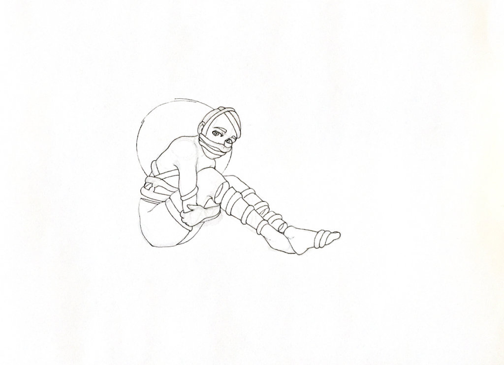 WIP drawing of a bound woman with a galaxy behind her