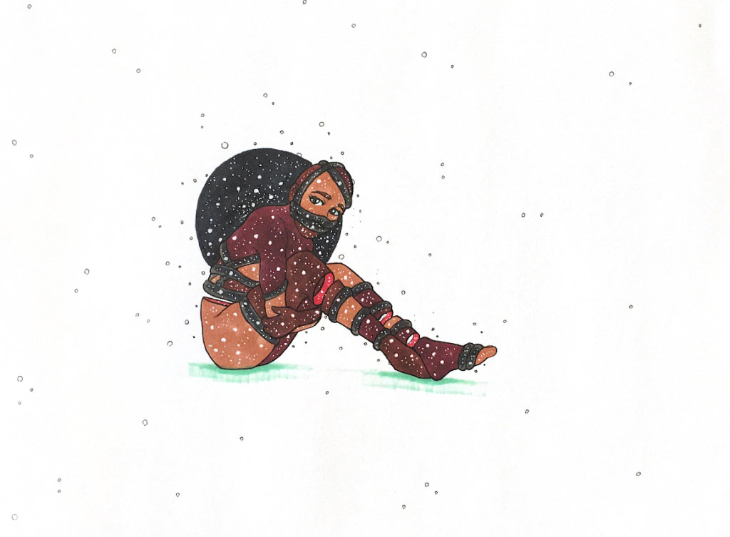 color drawing of a bound woman with a galaxy behind her