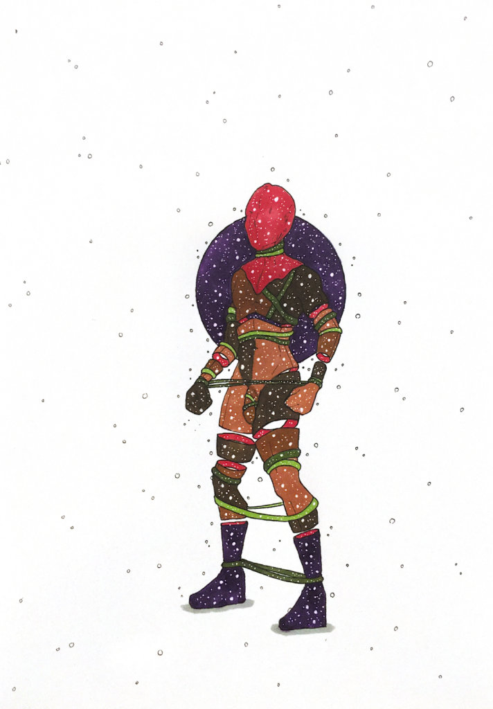 color drawing of a person with a hood covering their face and rope tangled around their body