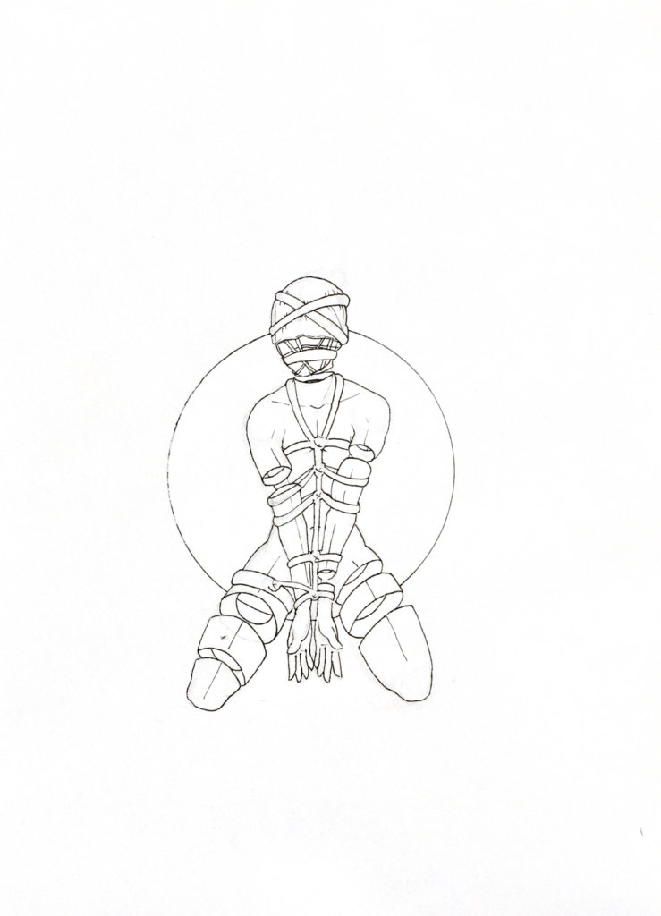 WIP drawing of a person bound in rope