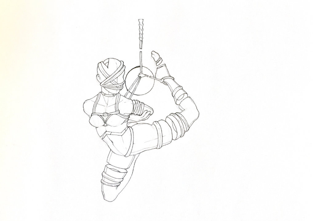 WIP drawing of a person suspended by rope