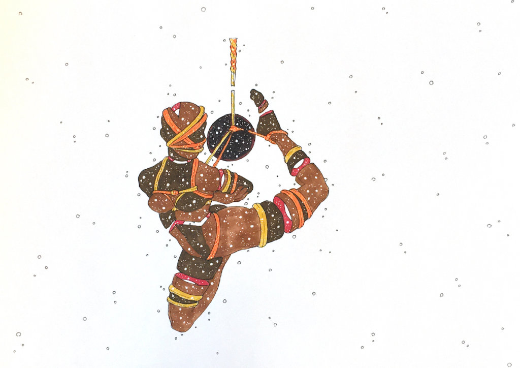 color drawing of a person suspended by rope