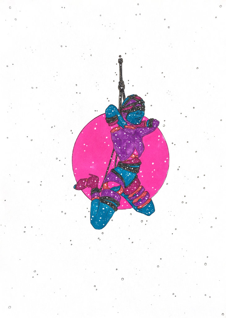 color drawing of a person suspended by rope