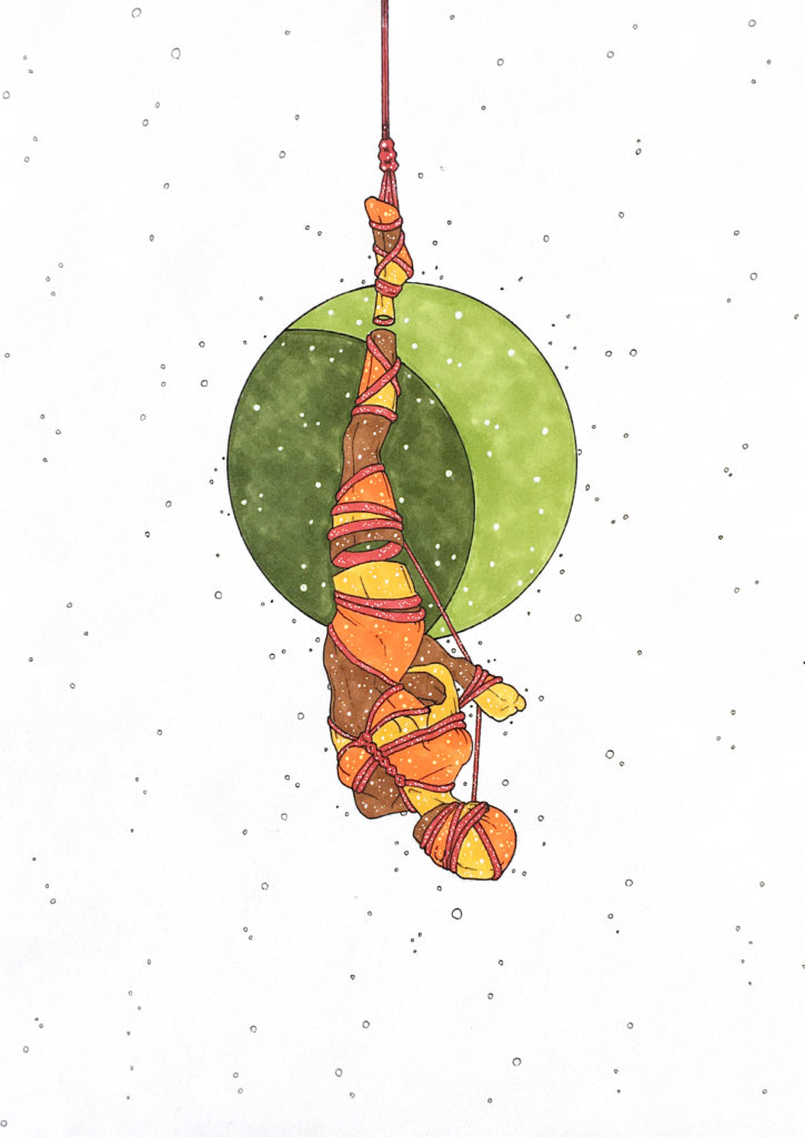 color drawing of a person hanging upside down by rope