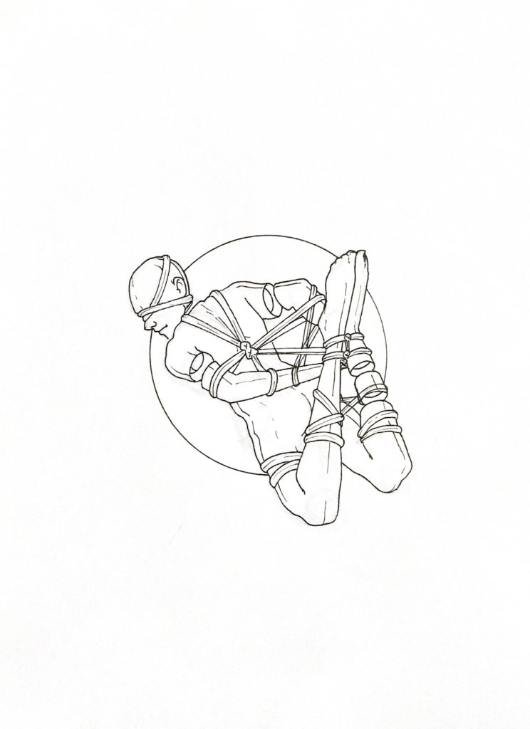 WIP drawing of a person bound up with their ankles and wrists tied together