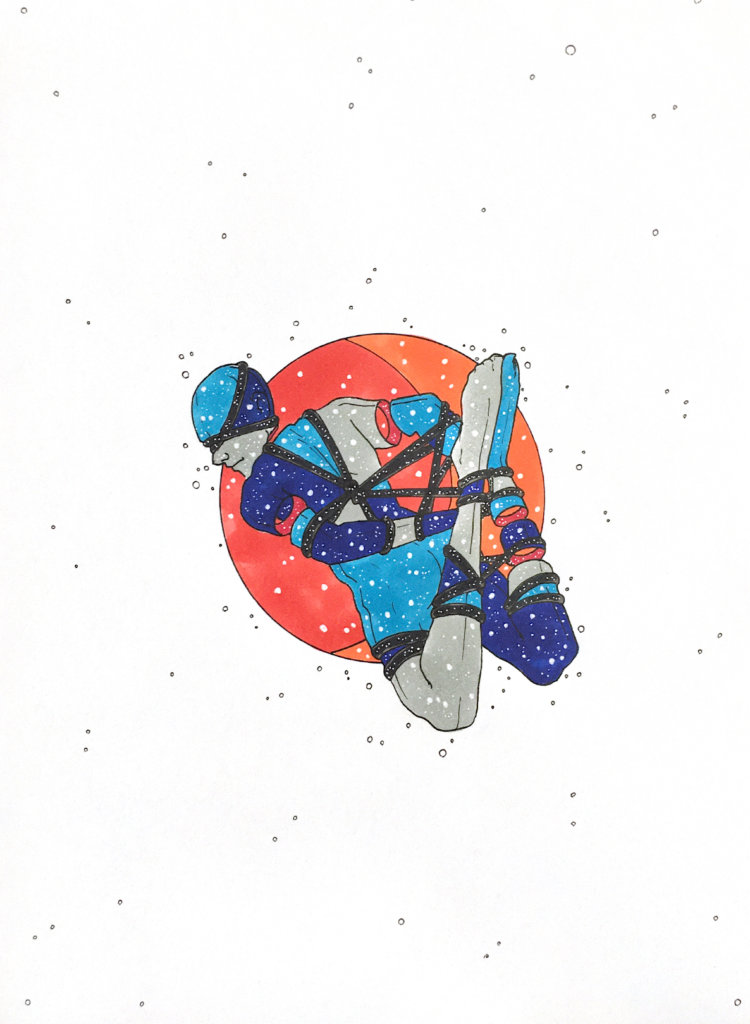 color drawing of a person bound up with their ankles and wrists tied together