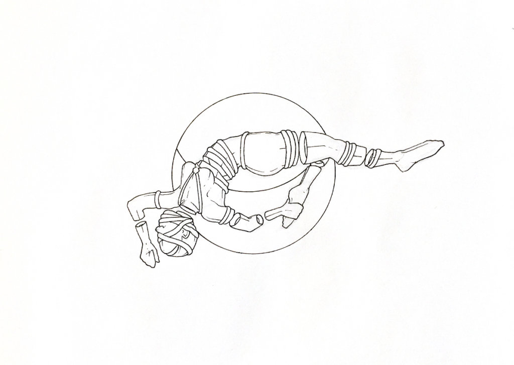 WIP drawing of a person suspended, grabbing their ankle