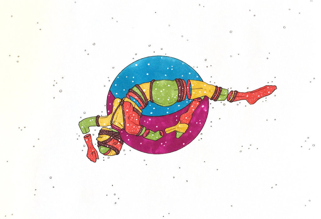 color drawing of a person suspended, grabbing their ankle