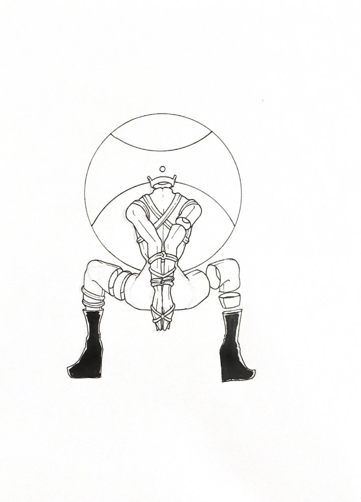 WIP drawing of a person with boots and shibari, squatting in goddess pose