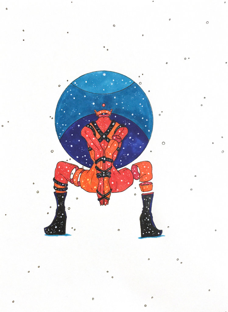 color drawing of a person with boots and shibari, squatting in goddess pose