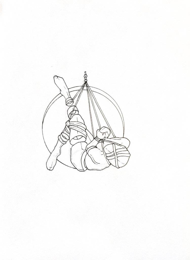 WIP drawing of a person reclined, wrists and ankles bound