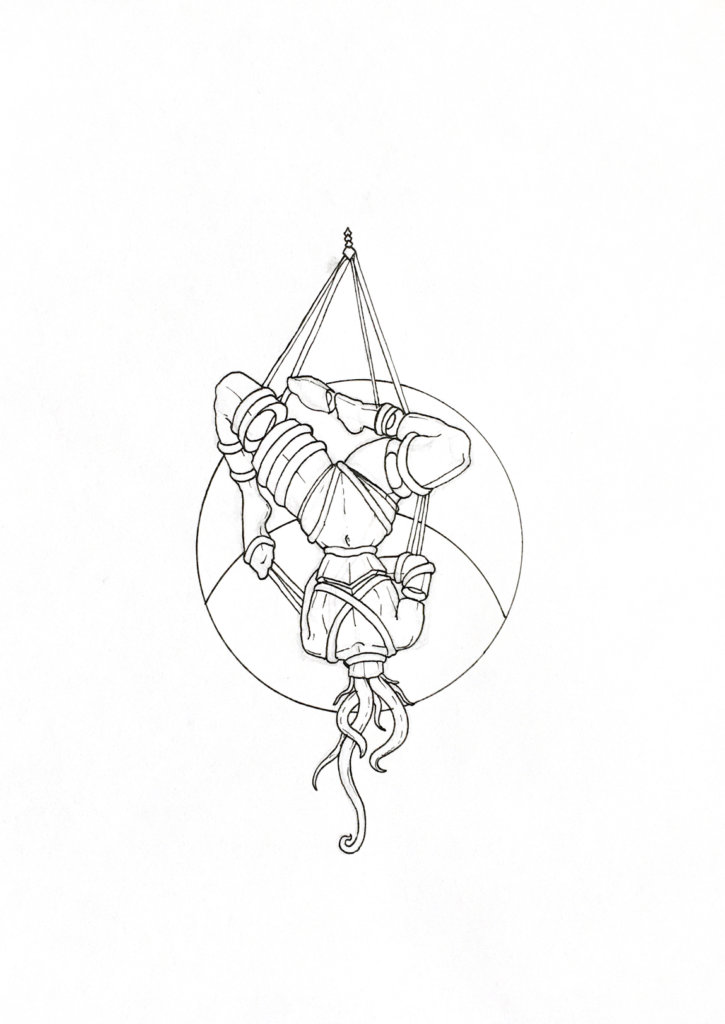 WIP drawing of a shibari pose upside down, with tentacles for a head