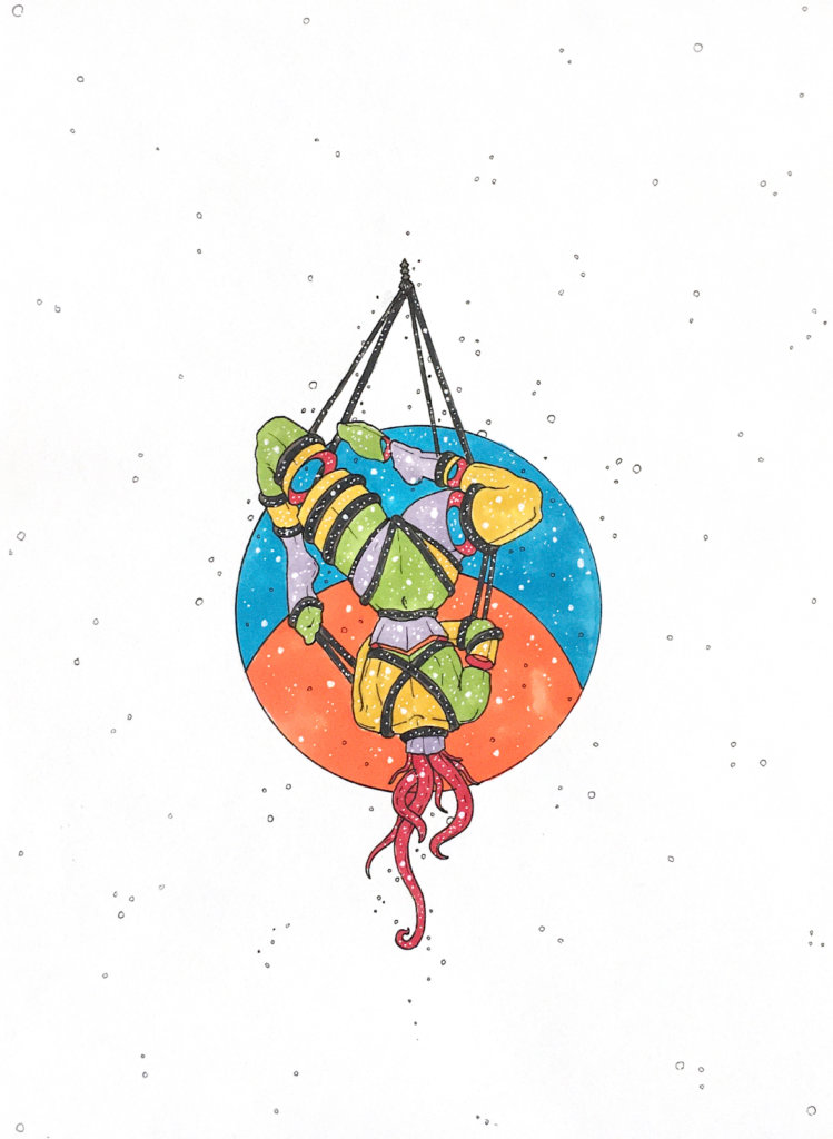 color drawing of a shibari pose upside down, with tentacles for a head