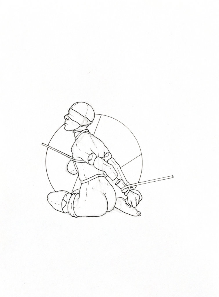 WIP drawing of a kneeling person, blindfolded and bound in shibari