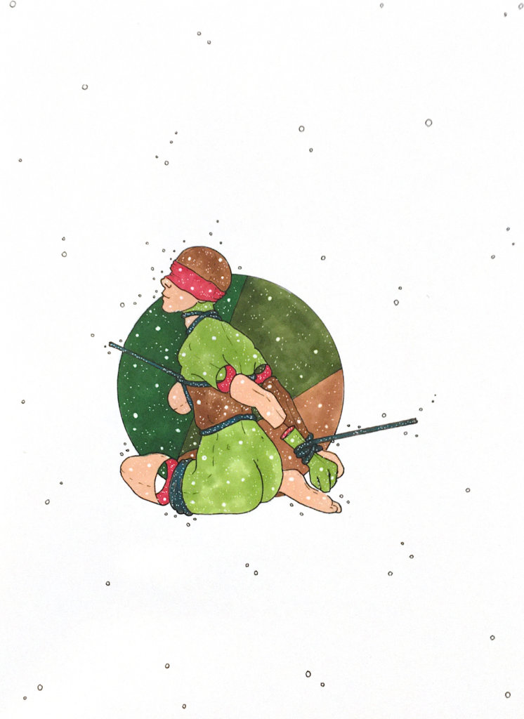 color drawing of a kneeling person, blindfolded and bound in shibari