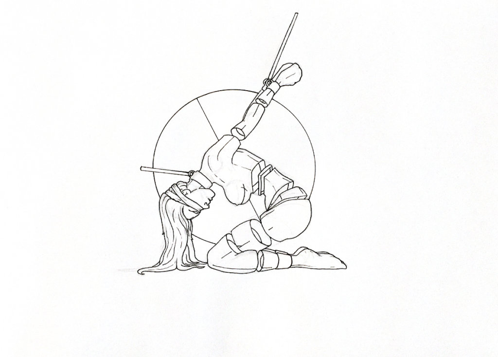 WIP drawing of a person tied up with their arms stretched up over their back